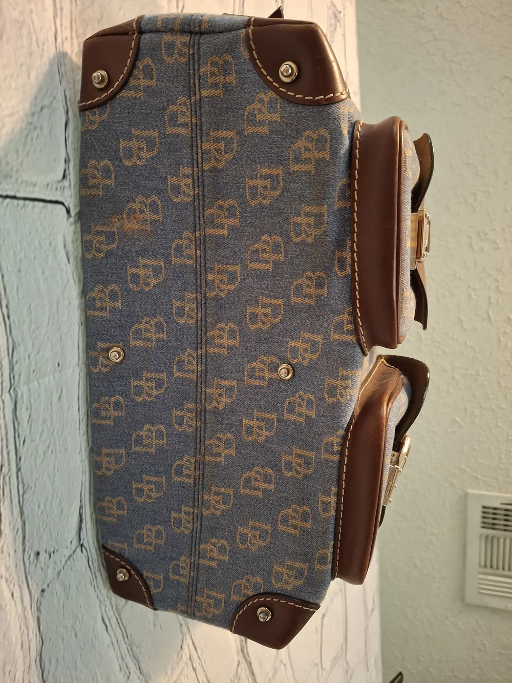 Dooney & Bourke Blue and Brown Logo Pocket Shoulder Bag